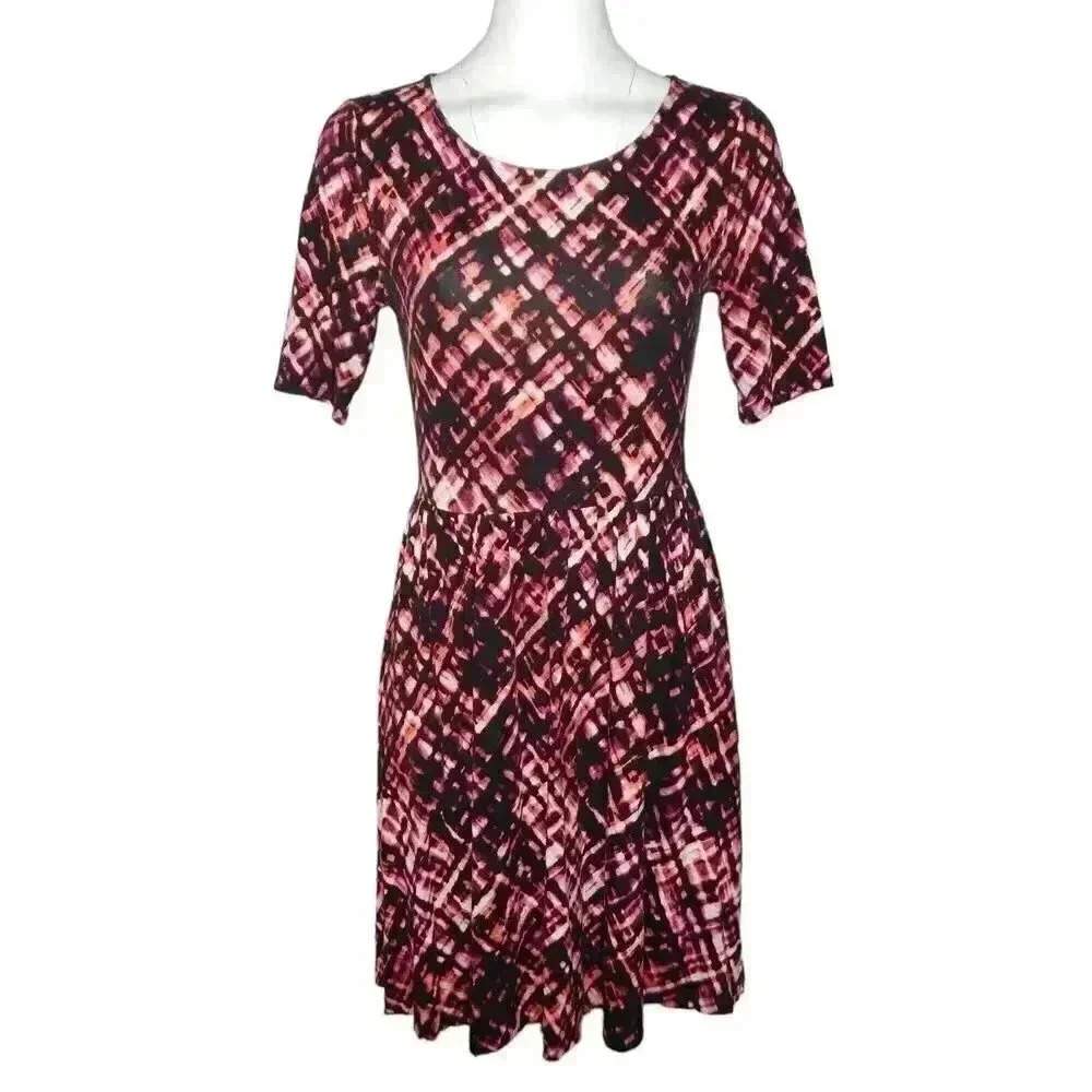 Mary McFadden Vintage Y2K Dress Size Small Orange Pink Black Knit Short Sleeve